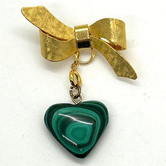 Gold-tone Bow Brooch Dangling Green Malachite Heart Pendant Sweetheart Valentine - Picture 2 of 16